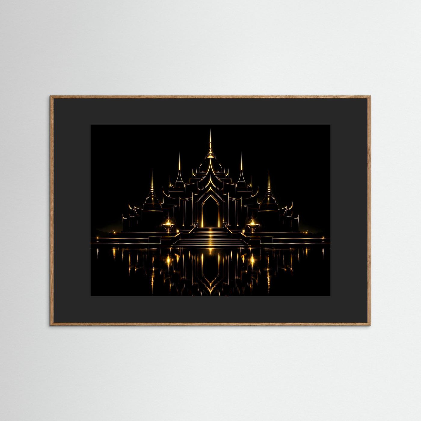 Poster mit goldener Tempelanlage, dunkle Nachtansicht, schwarzer Rahmen