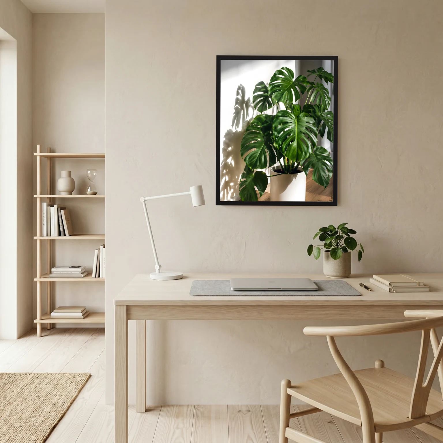 Gerahmtes Hochformat-Poster mit Monstera-Pflanze in hellem Topf, schwarzer Rahmen