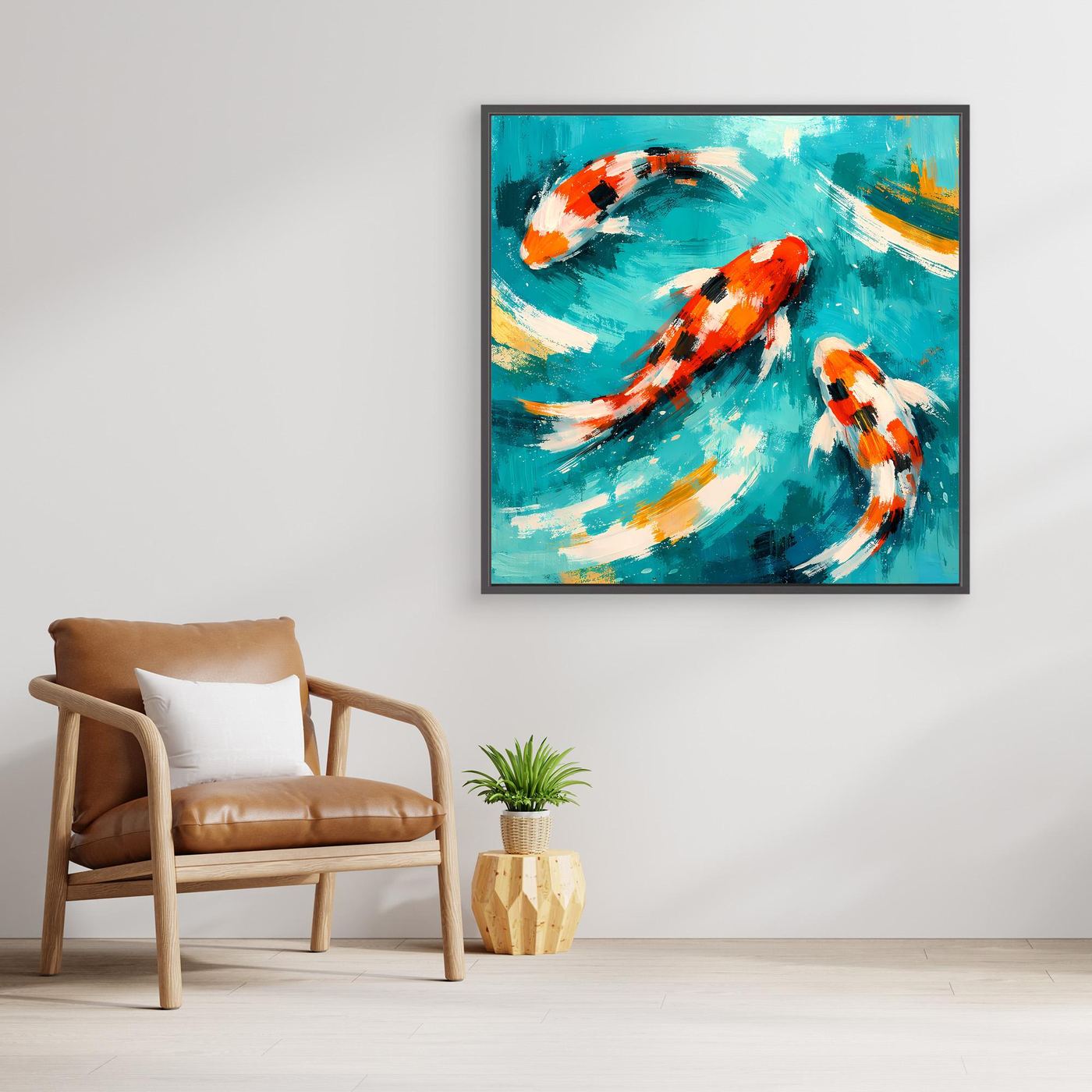 Leinwand Dynamische Koi-Karpfen im smaragdgrünen Wasser | Fernöstliches Wandbild auf Keilrahmen