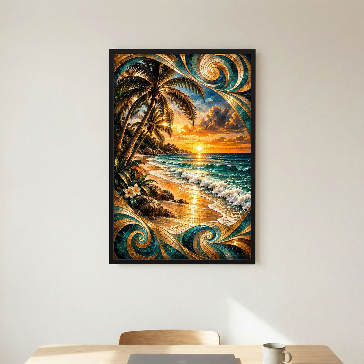 Tropischer Strand bei Sonnenuntergang | Mosaik Kunst in Türkis & Gold | Poster Hochformat