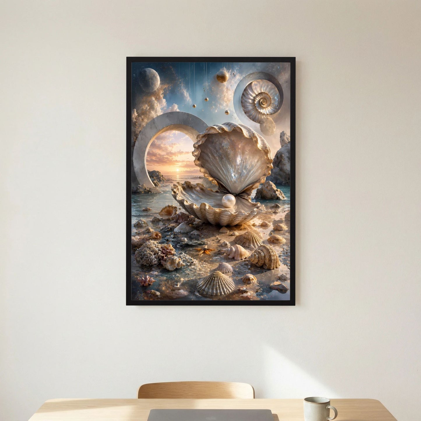 Hochformat-Poster mit Muschelmotiv in Creme und Gold, schwarzer Rahmen