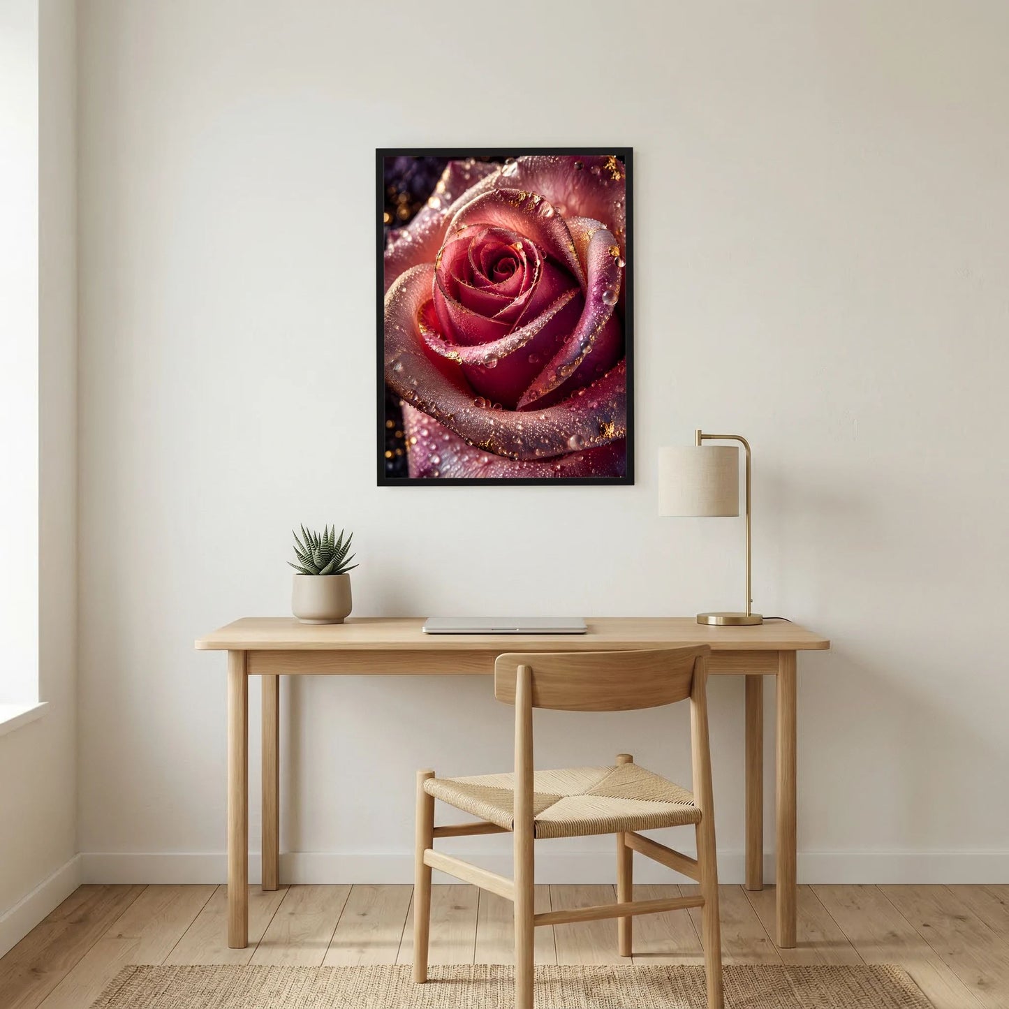 Gerahmtes Rosenposter mit roter Rose, Wassertropfen und Goldakzenten im Motiv