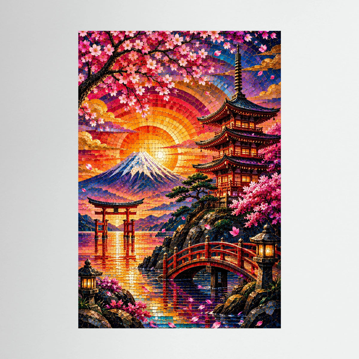 Hochformatiges Poster mit mosaikartigem Motiv von Fuji, Pagode, Kirschblüten und Wasser im Sonnenlicht