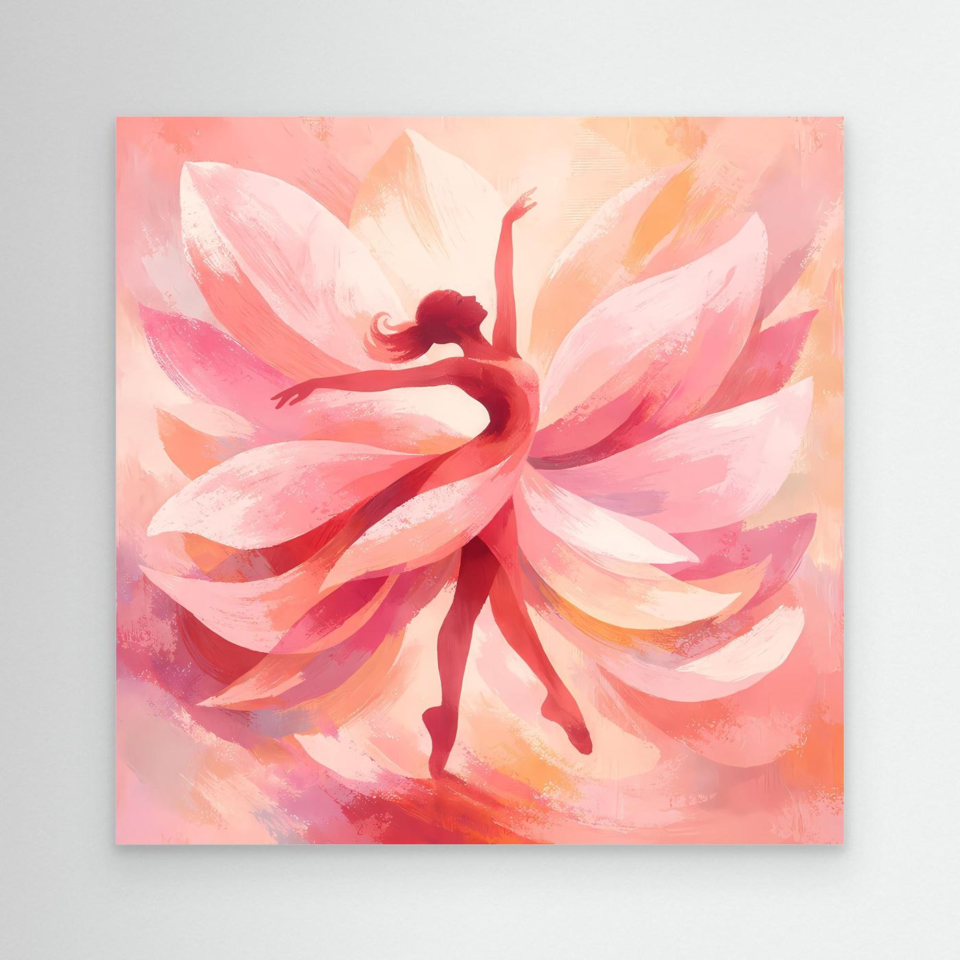 Leinwandbild mit abstrakter Tänzerin zwischen rosa Blütenblättern, ohne Rahmen