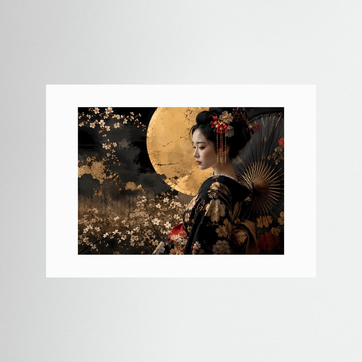 Elegante Geisha mit goldenem Vollmond | Japanische Kunst & Kimono Poster