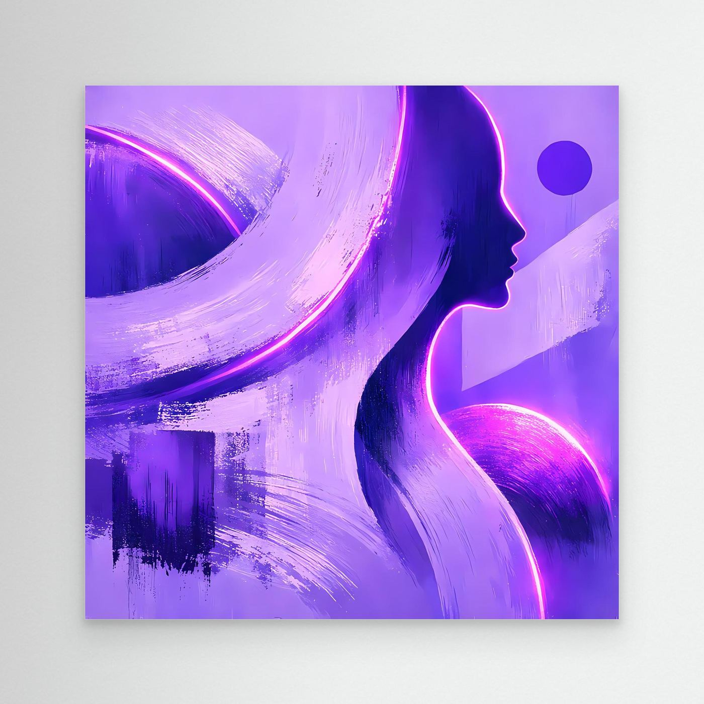 Leinwandbild mit abstrakter Frauensilhouette in Lila/Blau und neonfarbenen Lichtlinien