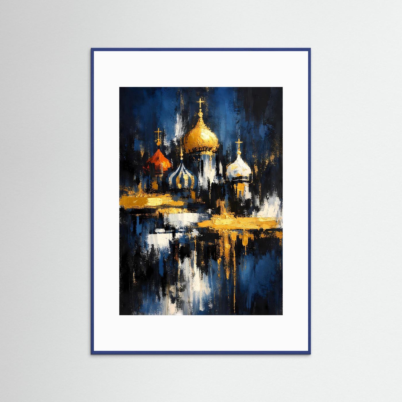 Architektur-Poster mit Kathedrale und goldenen Kuppeln, blaues Nachtbild, blauer Rahmen