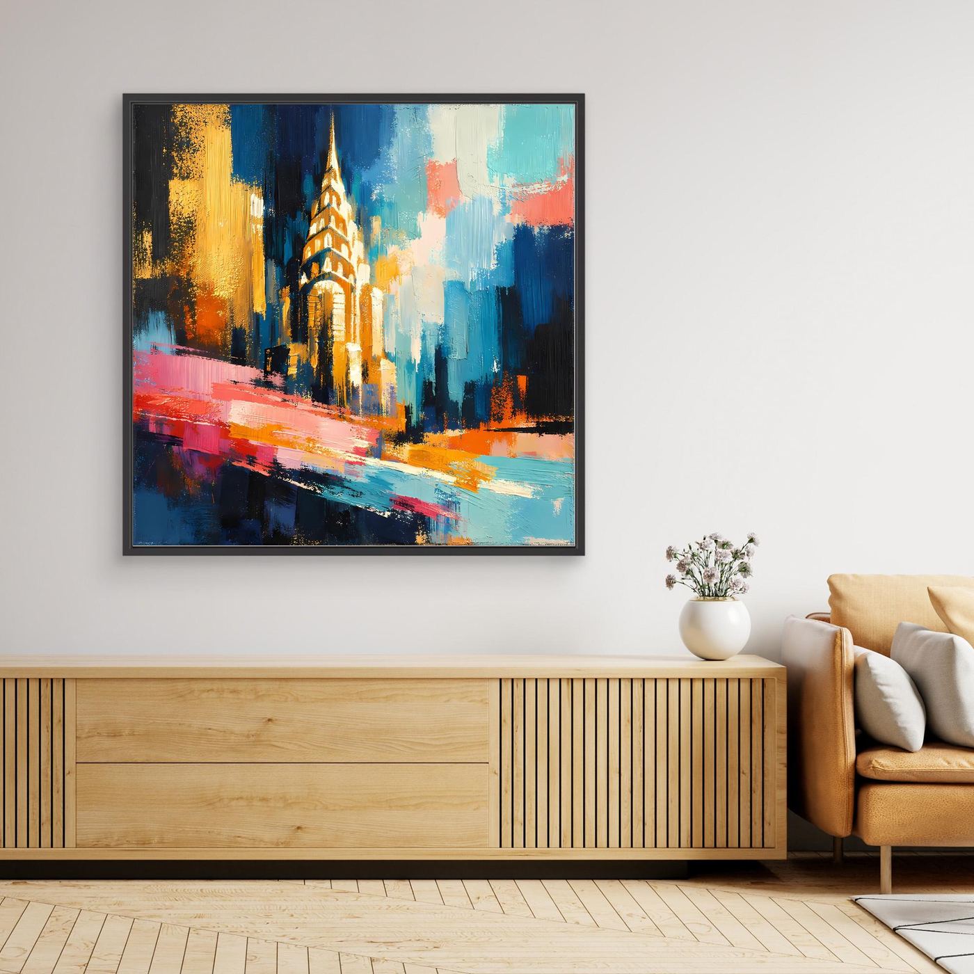 Gerahmtes Leinwandbild mit abstraktem Stadtmotiv und beleuchtetem Turm, schwarzer Rahmen