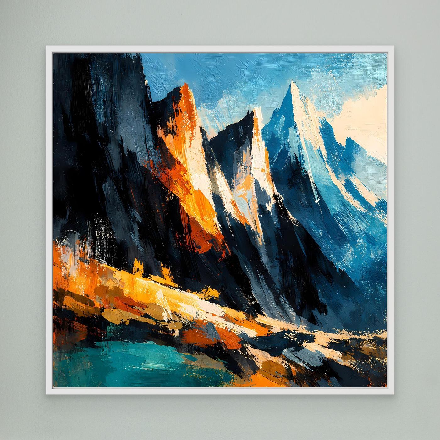 Wandbild mit abstrakten Bergspitzen in Blau, Schwarz und Orange, weiß gerahmt