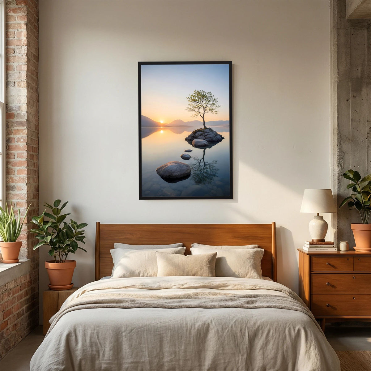 Baum im Bergsee bei Sonnenuntergang | Ruhige Natur mit Spiegelung | Poster Hochformat