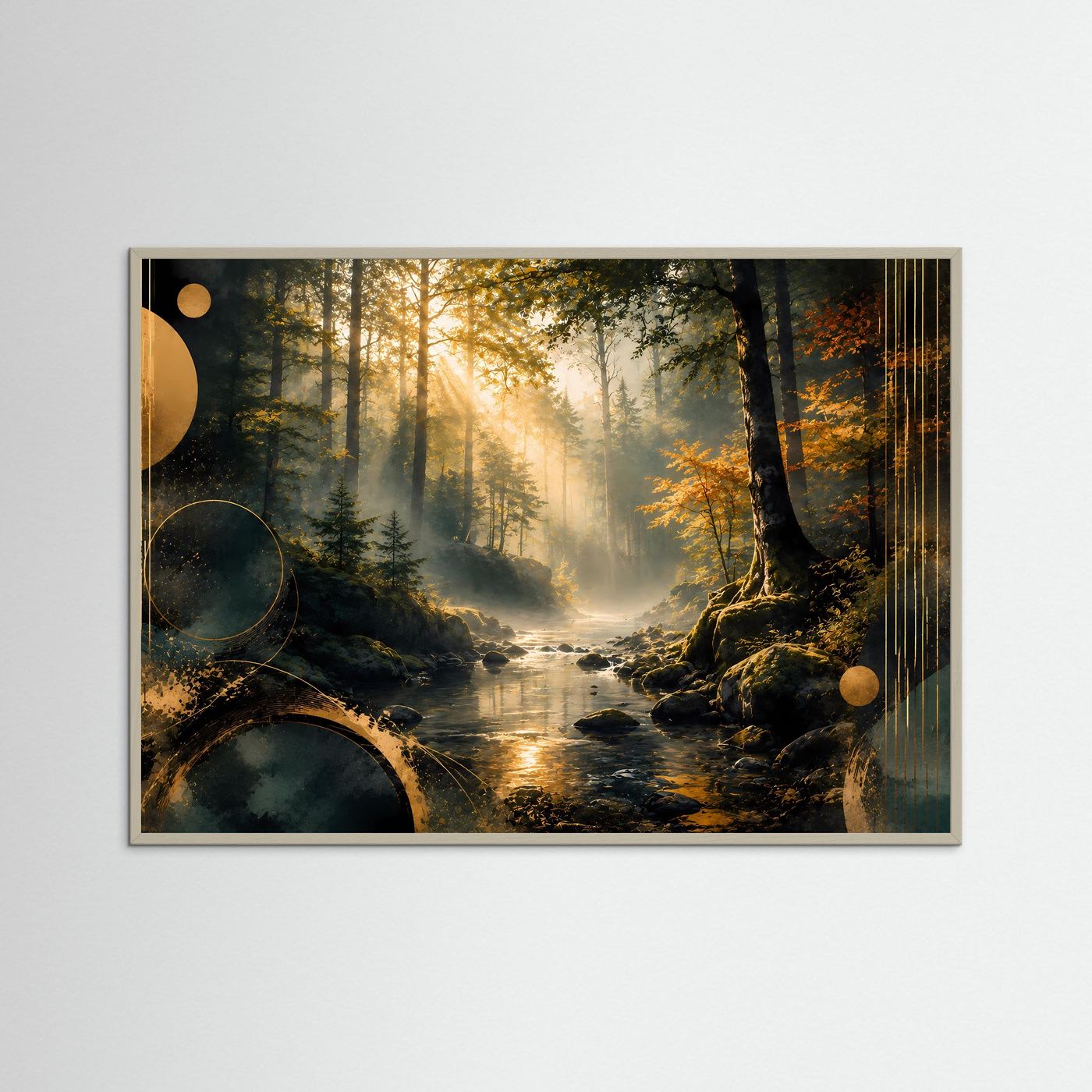 Poster im Querformat mit grauem Holzrahmen: Waldlandschaft mit Bach, goldenes Licht.