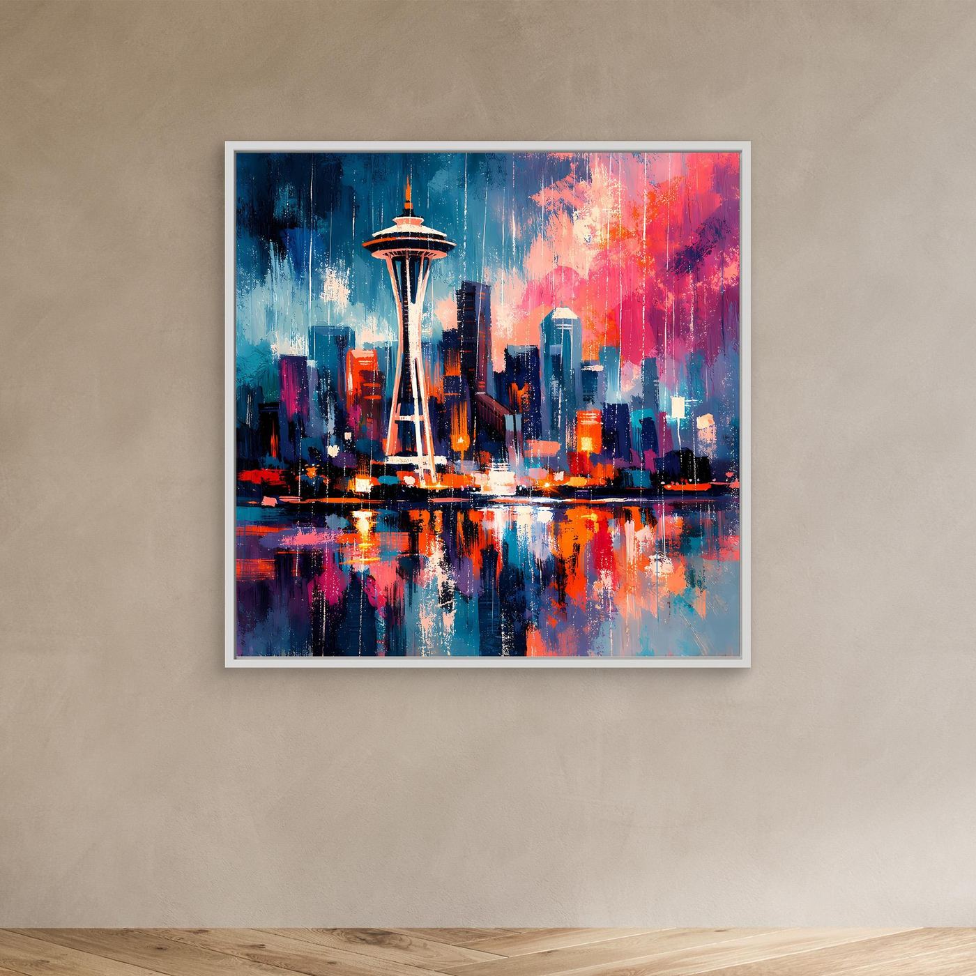 Wandbild Space Needle mit weißem Rahmen an der Wand, abstrakte Skyline Blau-Rot