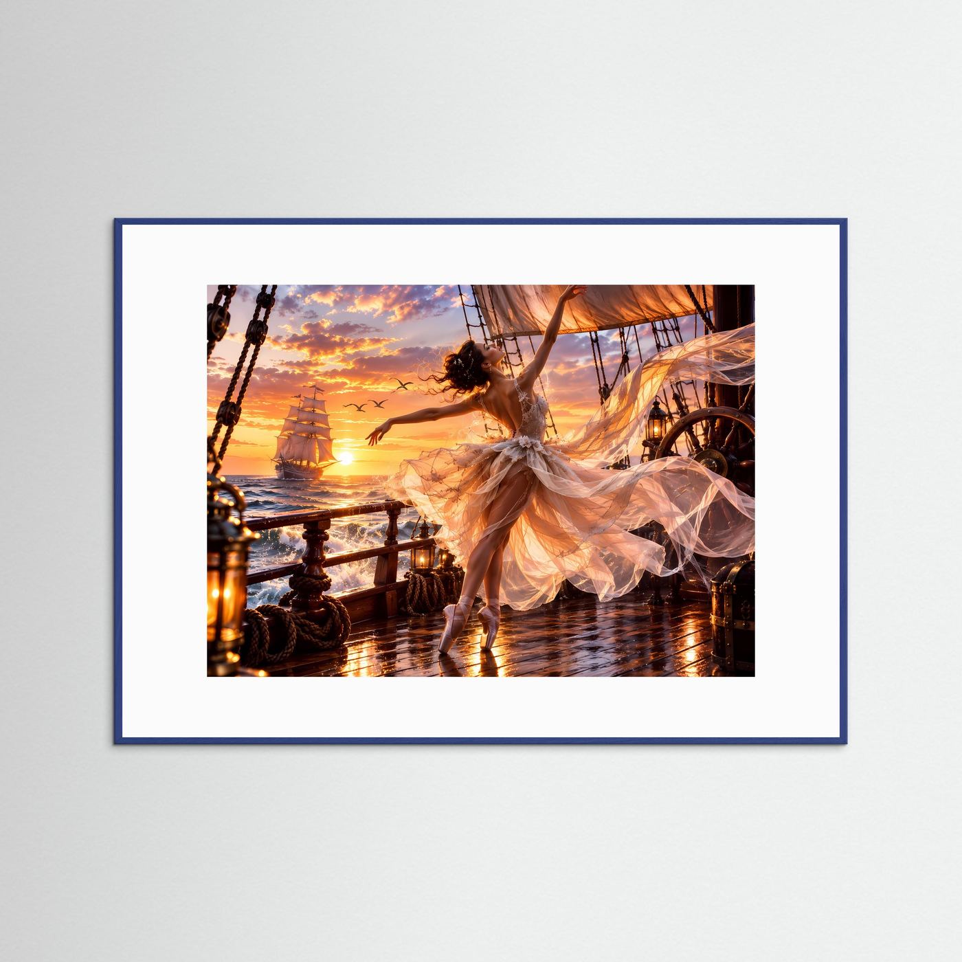 Ballerina auf Segelschiff Poster | Romantische Meereskunst | Sonnenuntergang Wandbild | Elegante Tanzkunst | Premium Leinwandbild
