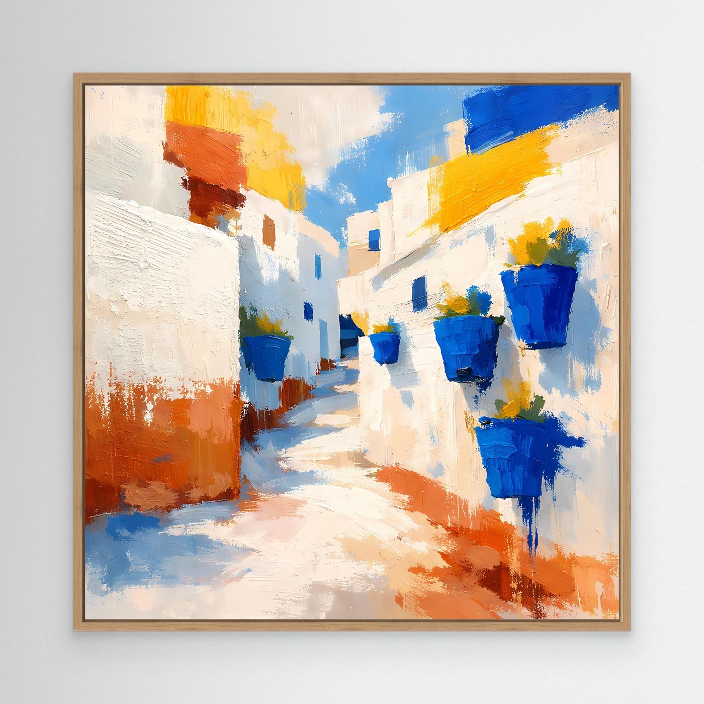 Leinwand Griechische Gasse mit blauen Blumentöpfen | Abstraktes Santorin Wandbild