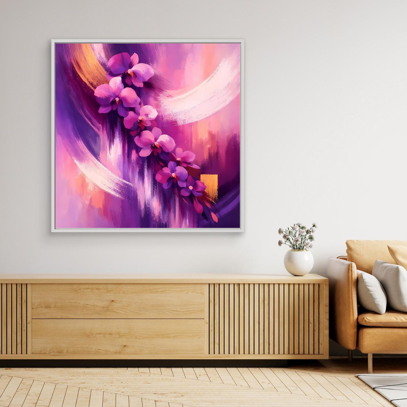 Leinwand-Wandbild abstrakte Orchideen in Lila & Rosa, weißer Rahmen