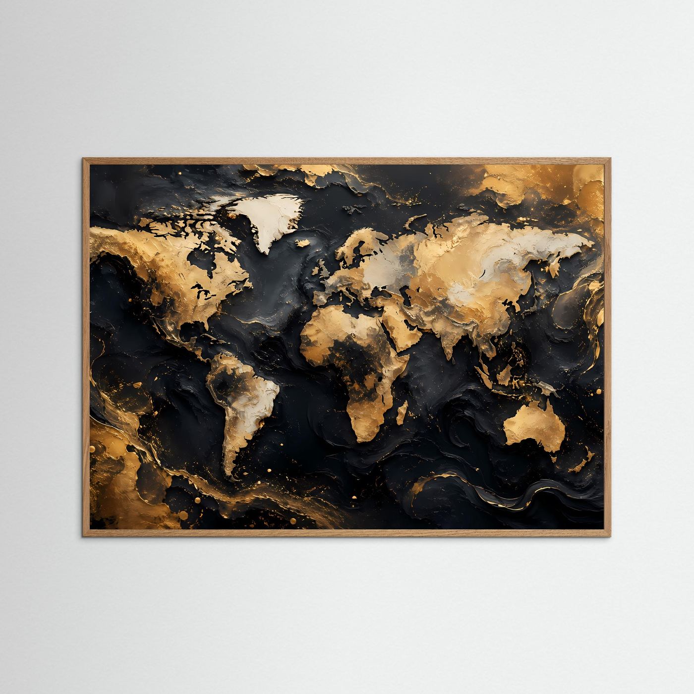 Weltkarte Poster Gold Schwarz | Moderne Weltkarte Wandbild | Luxus Landkarten Kunst | Abstrakte World Map Wanddekoration