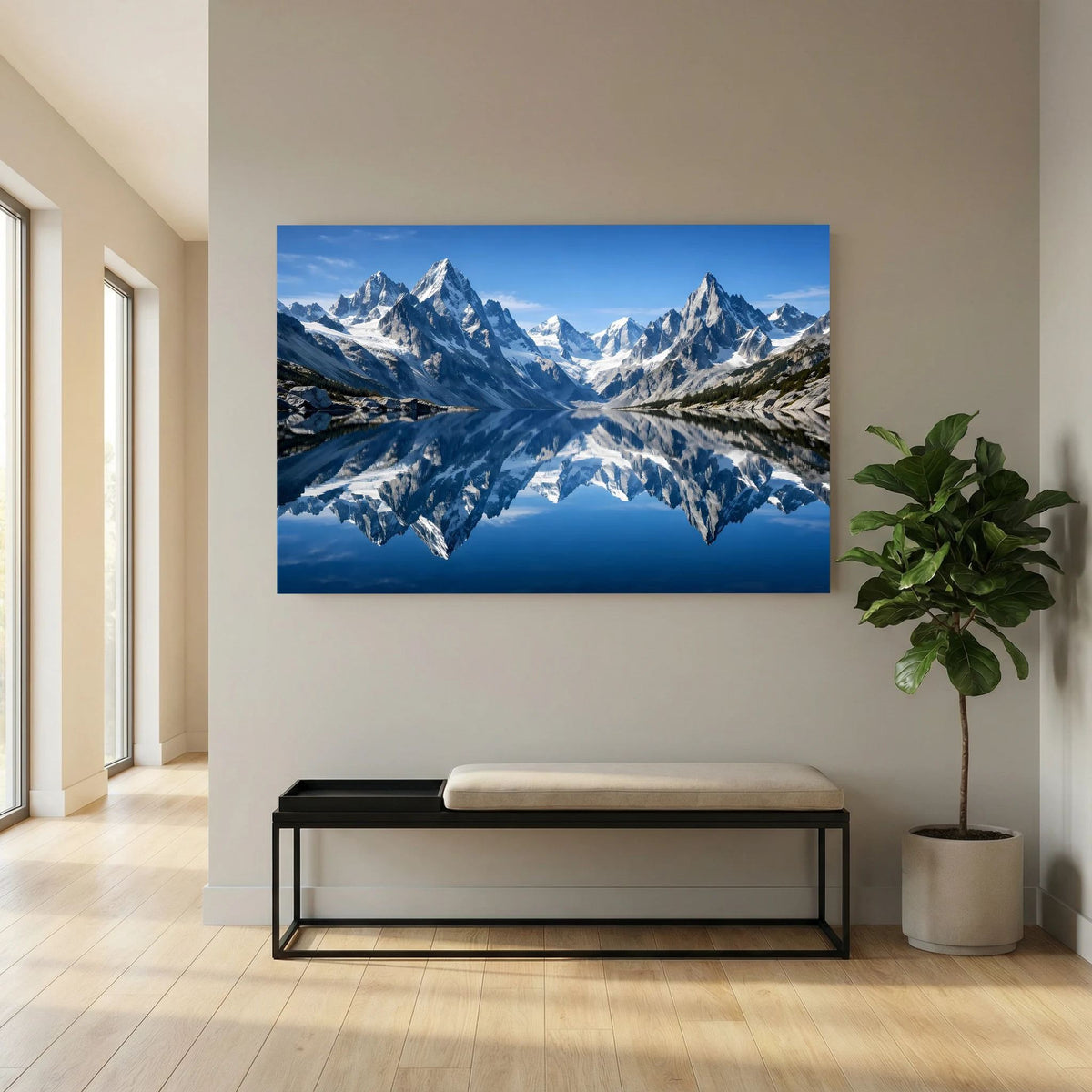 Poster im Querformat mit Alpengebirge und Spiegelung im See, kräftiges Blau im Himmel