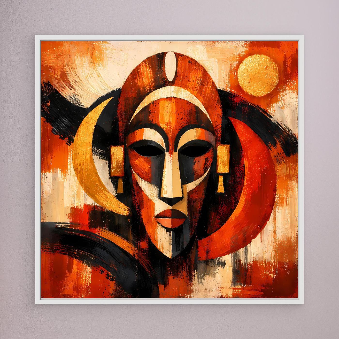 Gerahmtes Leinwandbild mit abstrakter Maske, Rot-Orange, Schwarz und goldenen Akzenten