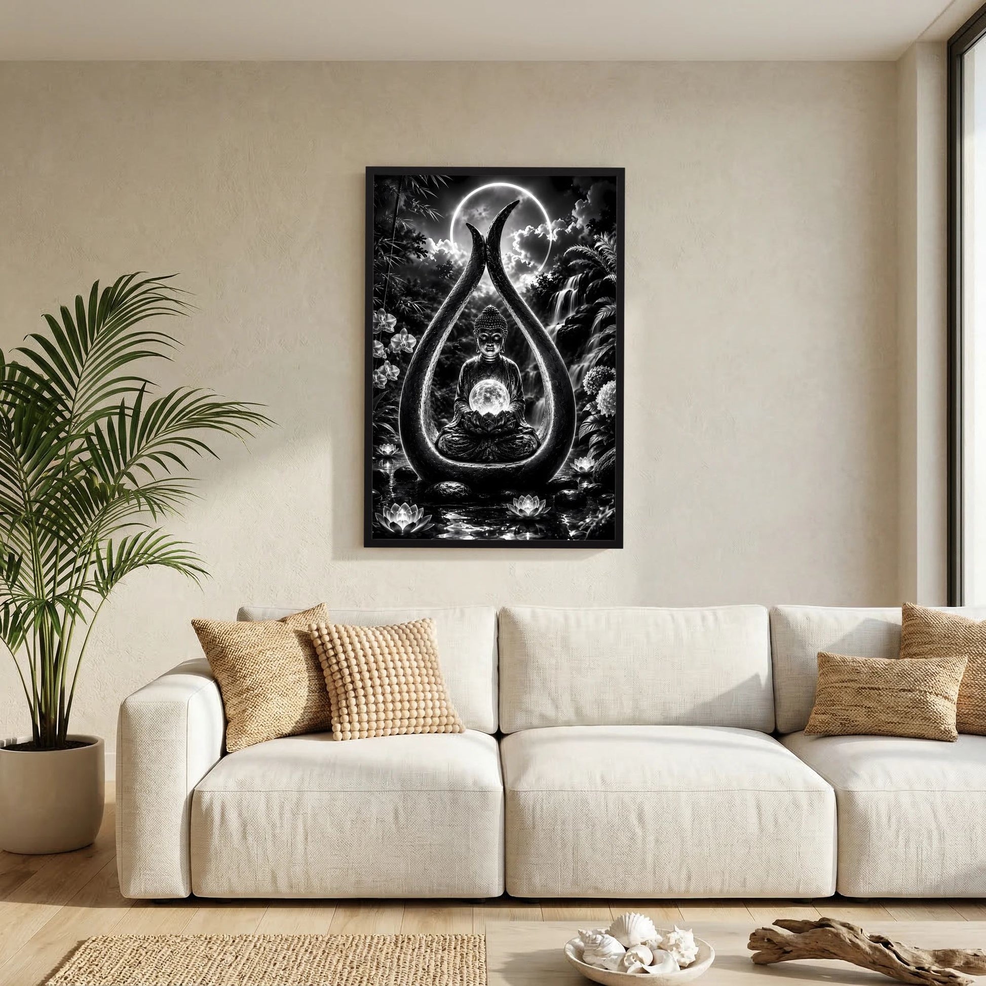Hochformatiges Zen-Poster mit sitzendem Buddha im Tropfen-Motiv, Schwarzweiß, an schwarzem Rahmen.