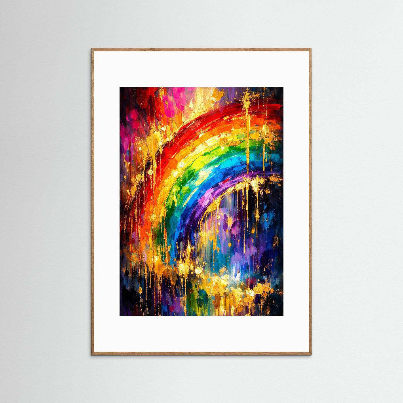 Kunstposter im Hochformat mit farbigem Regenbogenbogen und Gold-Details im braunen Rahmen