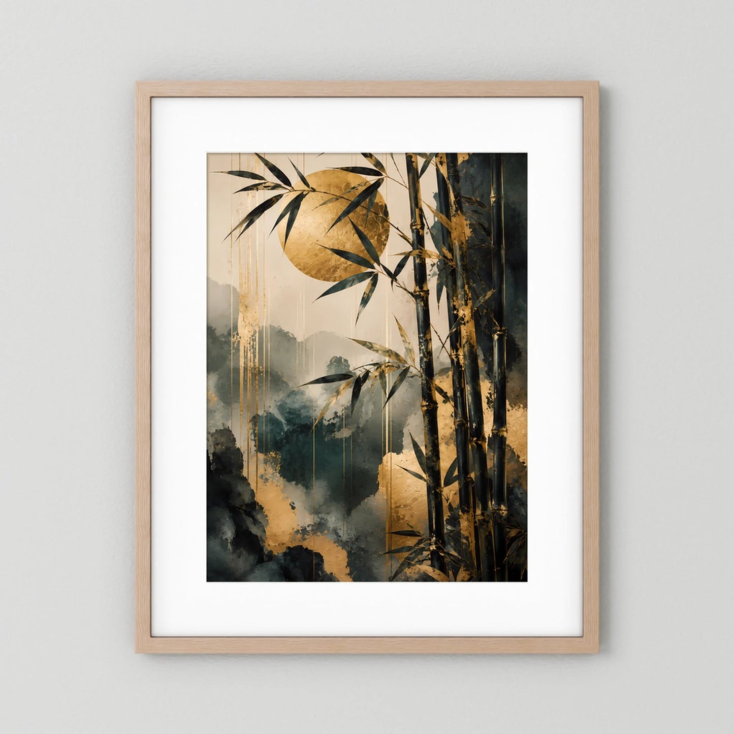 Poster mit abstrakter Bambuskunst im beigen Holzrahmen mit weißem Rand