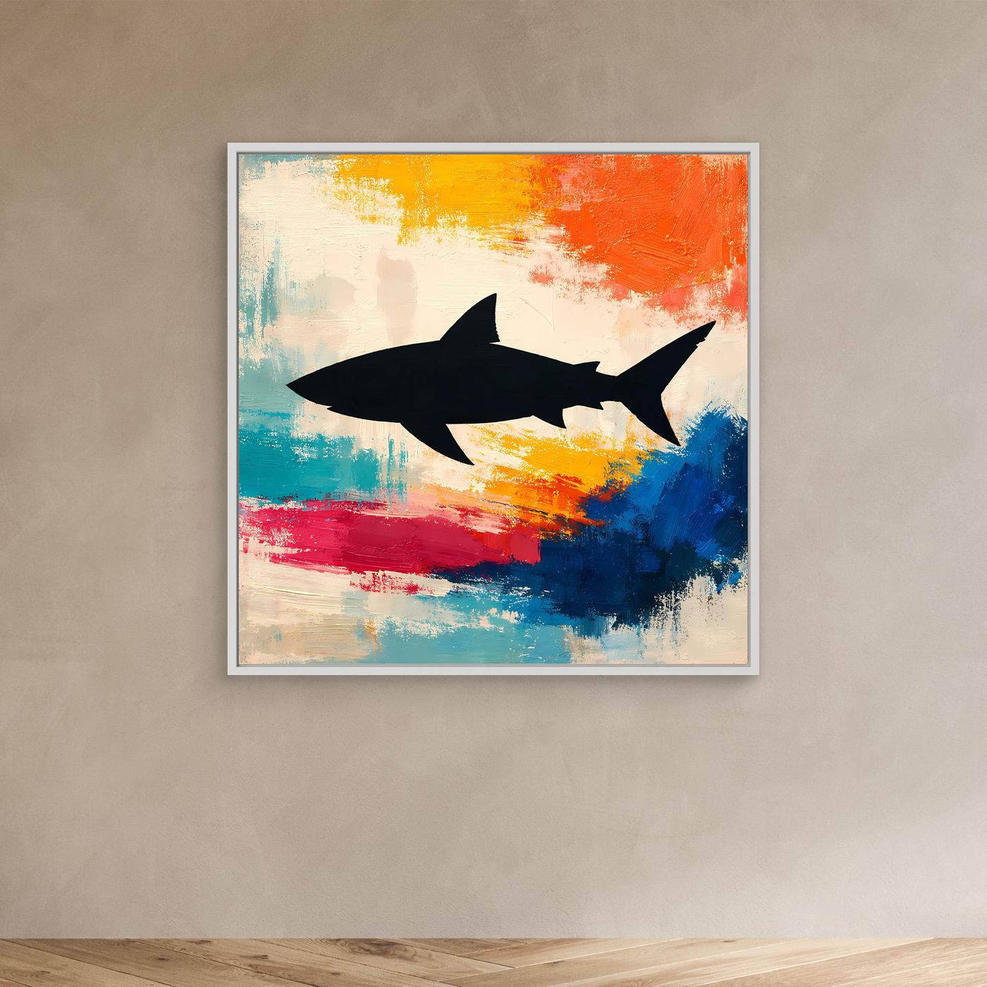 Leinwand Minimalistische Hai-Silhouette im Farbenmeer | Abstraktes Pop-Art Wandbild