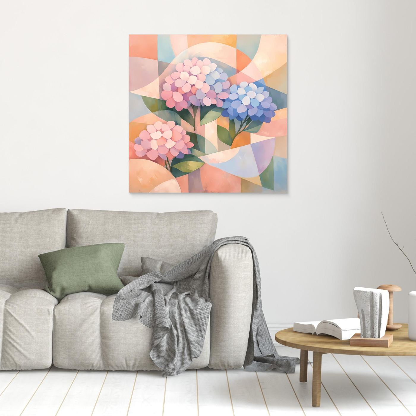 Leinwandbild mit geometrischen Hortensien in Pastellfarben