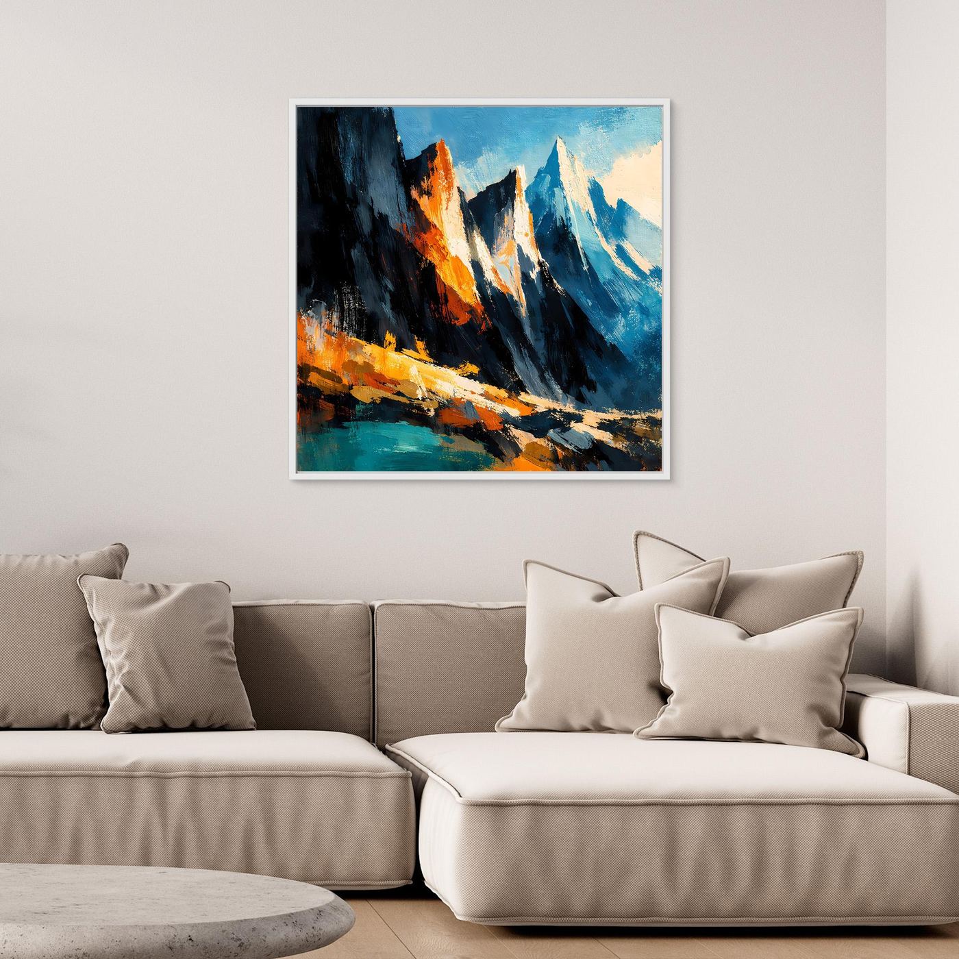 Abstraktes Leinwand-Wandbild mit Berggipfeln in Blau, Orange und Türkis, ohne Rahmen