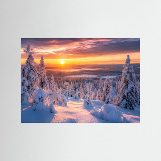 Winterlandschaft-Poster im Querformat: verschneiter Pfad mit hohen Tannen im Sonnenuntergang