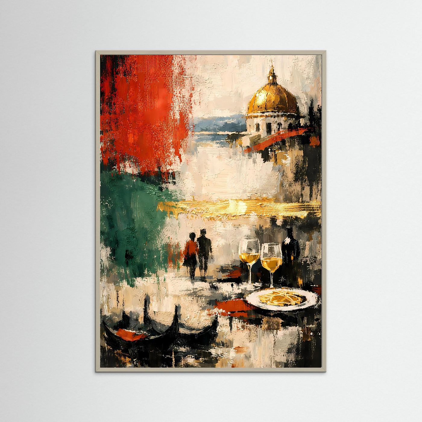 Kunstposter im Hochformat mit abstraktem Venedig-Motiv im grauen Rahmen: goldene Kuppel.