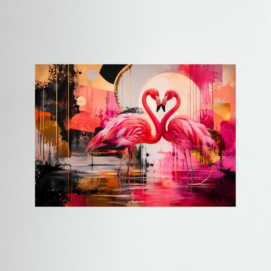 Modernes Wandbild im Querformat mit zwei pinken Flamingos im Herzmotiv