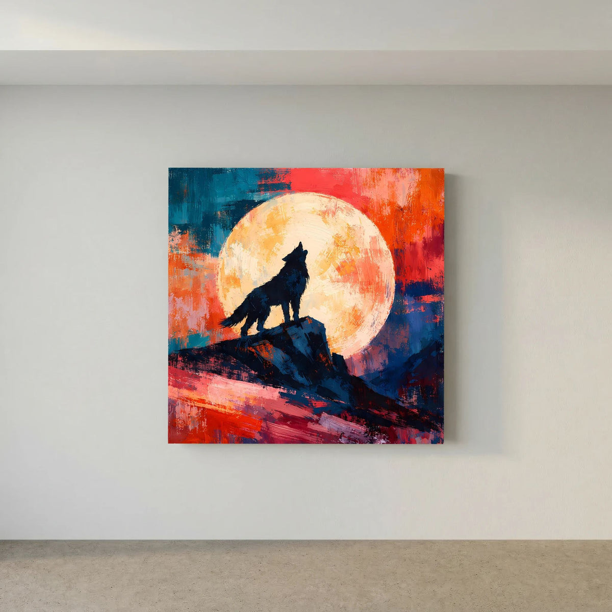 Leinwand Abstraktes Wolf Gemälde | Modernes Mystisches Wandbild Heulender Wolf Vollmond