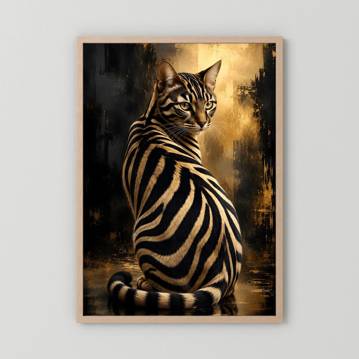 Poster Zebra-Katze in Schwarz-Gold, in hellem Holzrahmen
