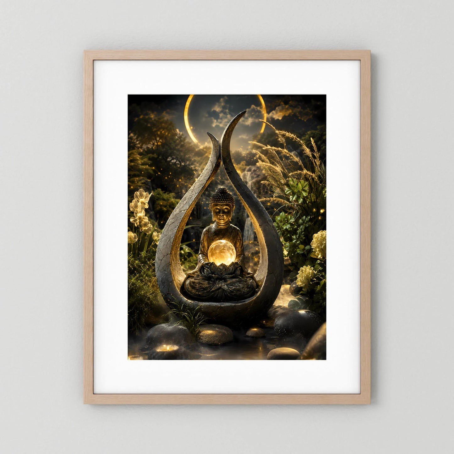 Hochformatiges Kunstposter: meditierrender Buddha mit goldener Lichtkugel im Tropfen-Relief, beige Holzrahmen