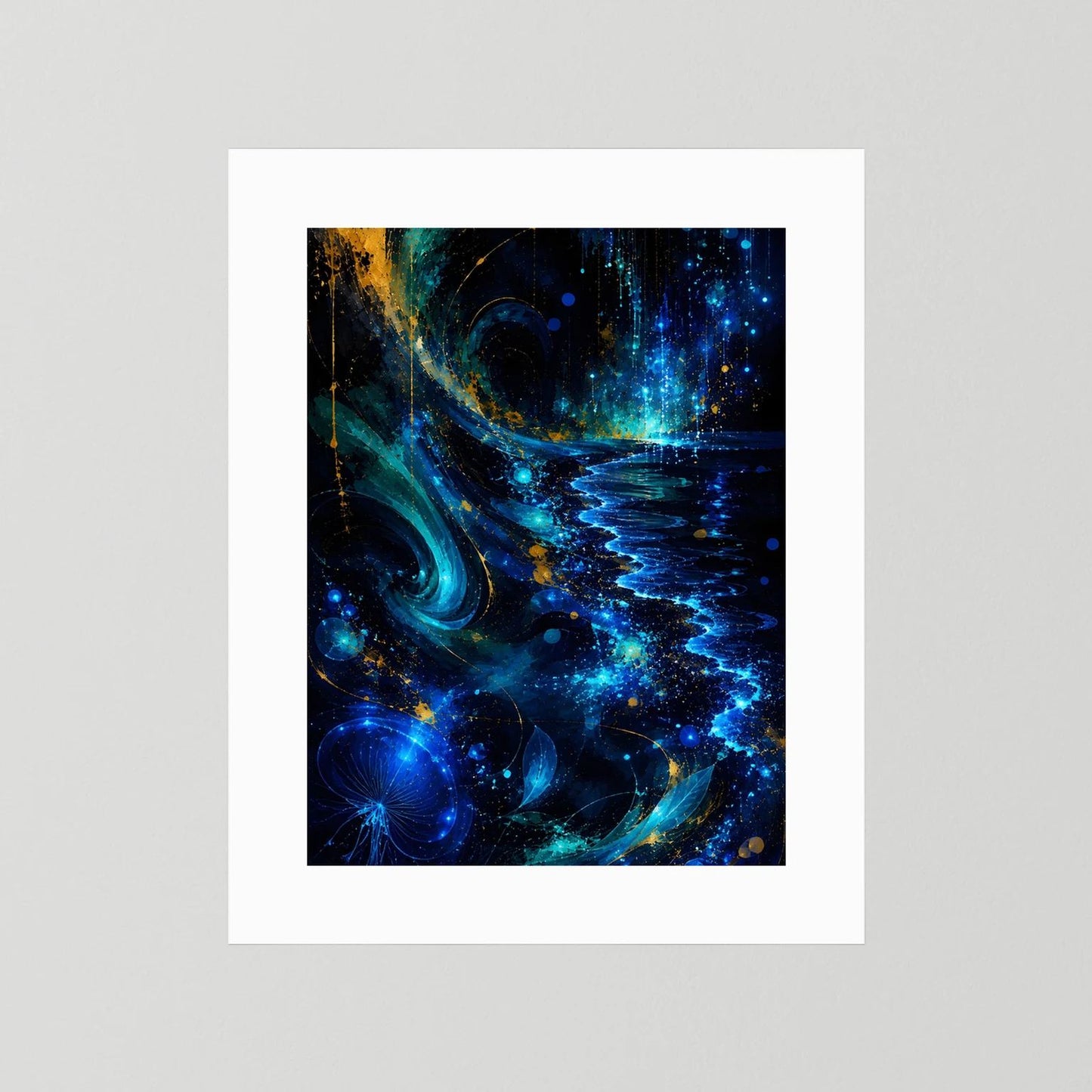 Poster im Hochformat mit abstrakten blauen und goldenen Wellen, ohne Rahmen.