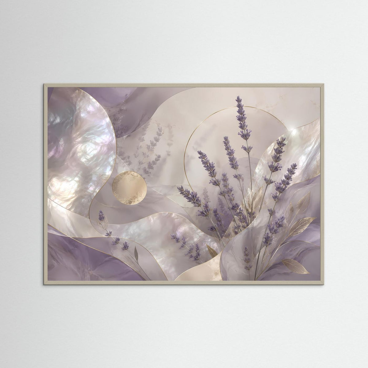Querformat-Poster im grauen Holzrahmen mit Lavendel-Botanik in Flieder, Perlmutt und Gold