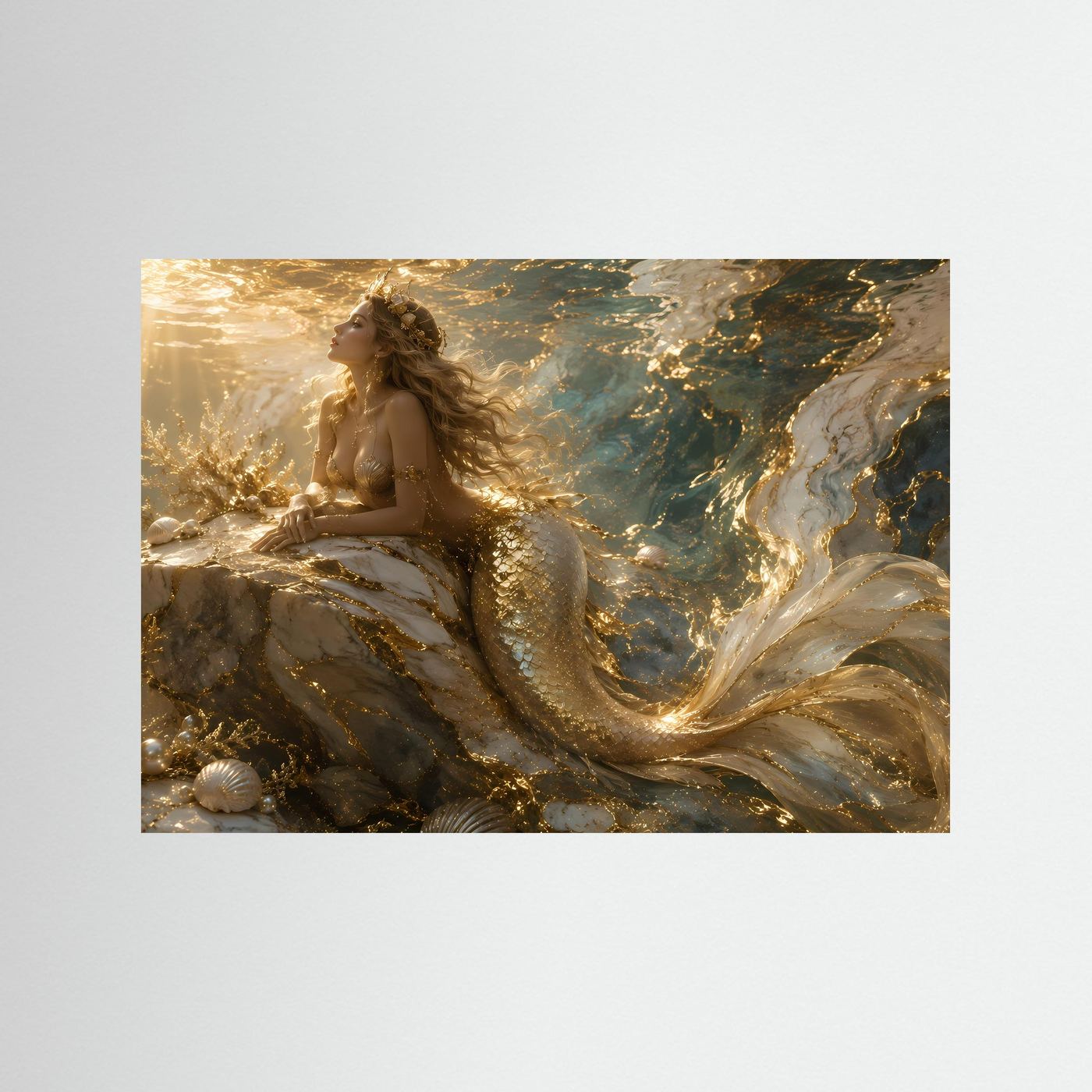 Meerjungfrau Wandbild | Goldene Unterwasser Kunst | Luxus Poster | Fantasy Leinwand | Ozean Wall Art | Elegante Meerjungfrau Dekoration