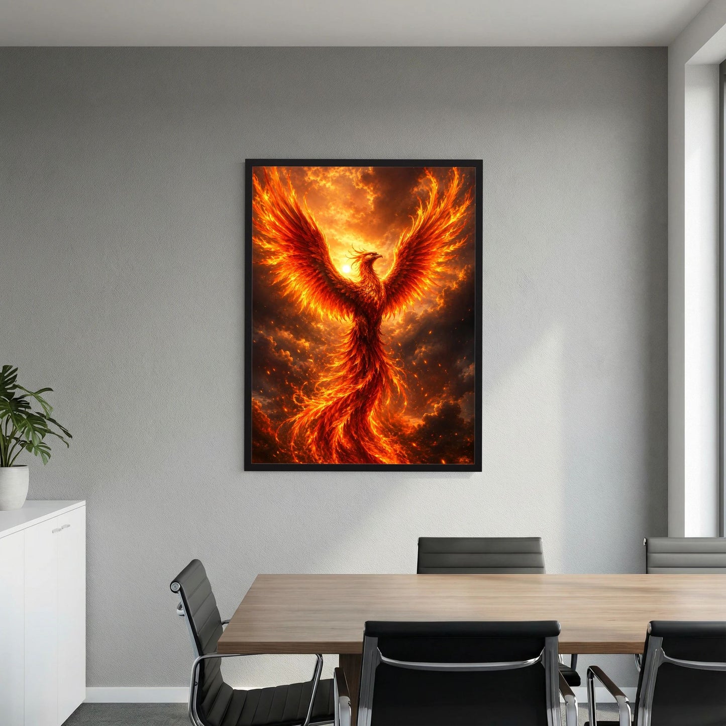 Wandposter mit Phönix im Feuermeer, schwarzer Rahmen, warm leuchtende Farben