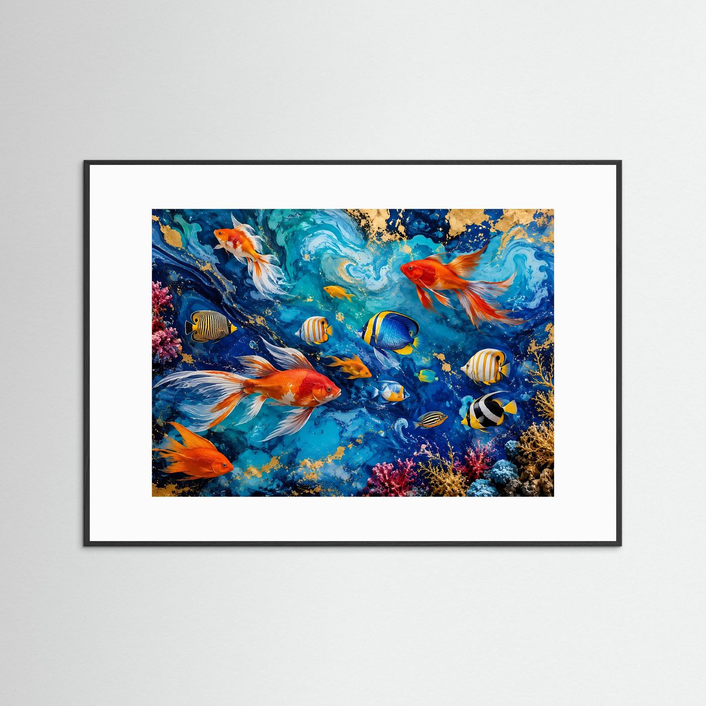 Ozean-Fische in Blau & Gold | Modernes Wandbild mit Fluid Art & Korallenriff