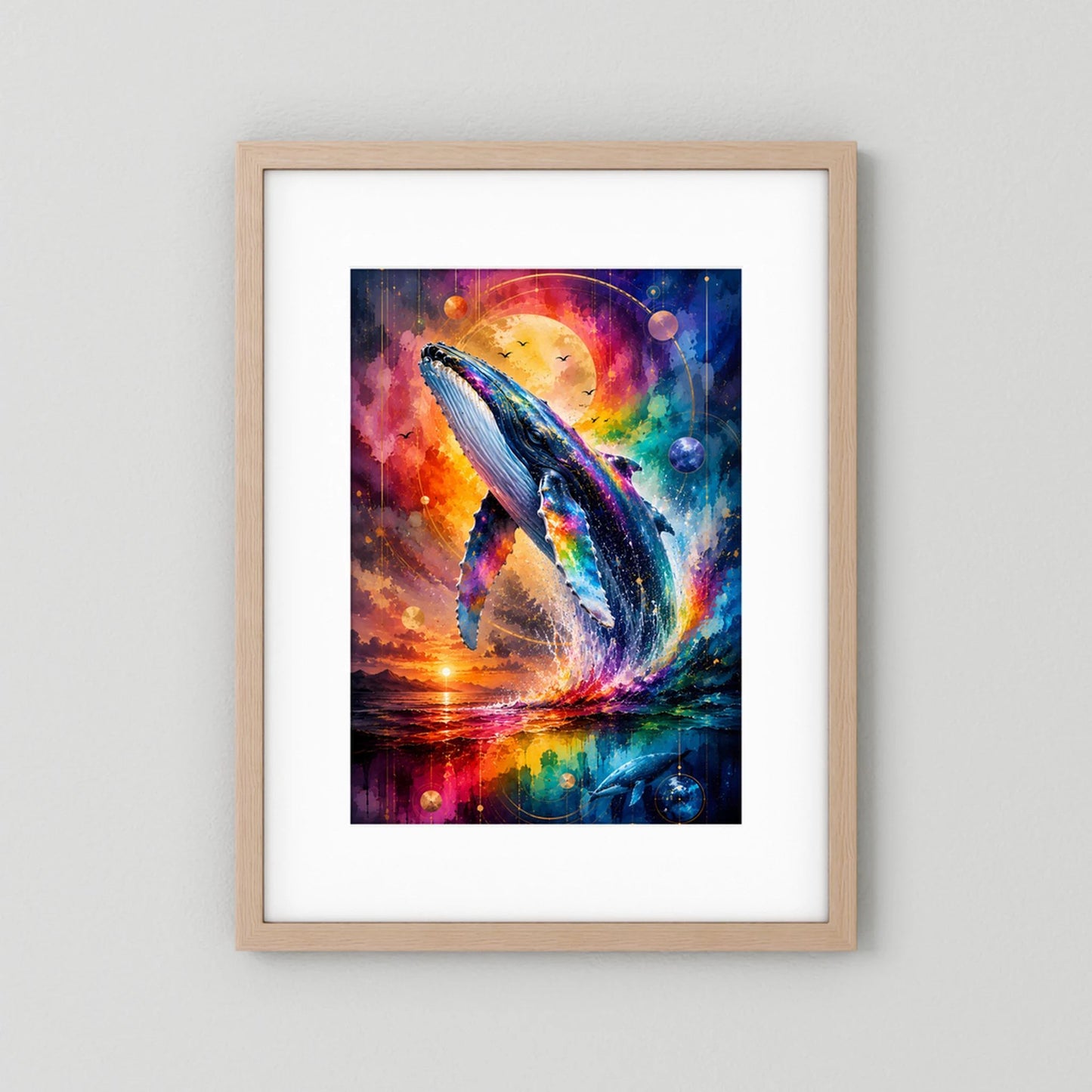 Poster Hochformat mit hellem Holzrahmen und weißem Passepartout, Wal im All