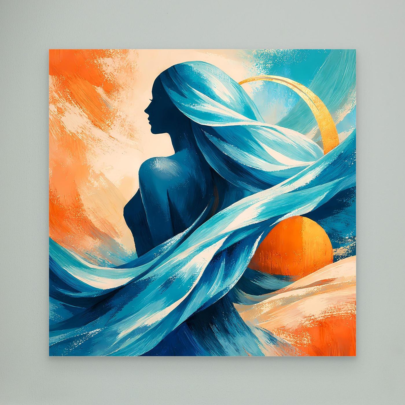 Quadratisches Leinwandbild mit abstraktem Frauenporträt in Blau, Orange und türkisfarbenen Federn