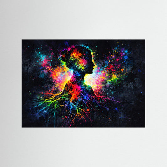 Farbenfrohe Frauen-Silhouette mit Wurzeln | Buntes Abstraktes Kunst Poster Querformat