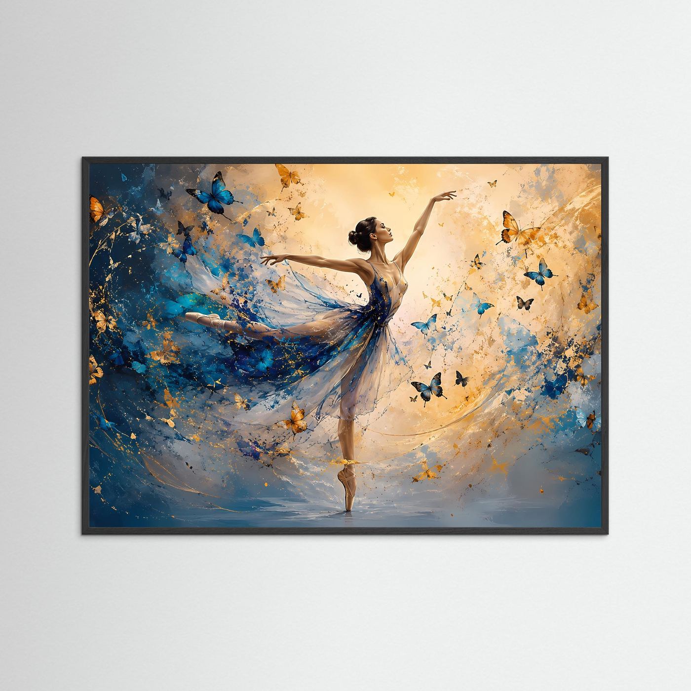 Ballerina mit Schmetterlingen in Blau & Gold | Elegante abstrakte Tanzkunst