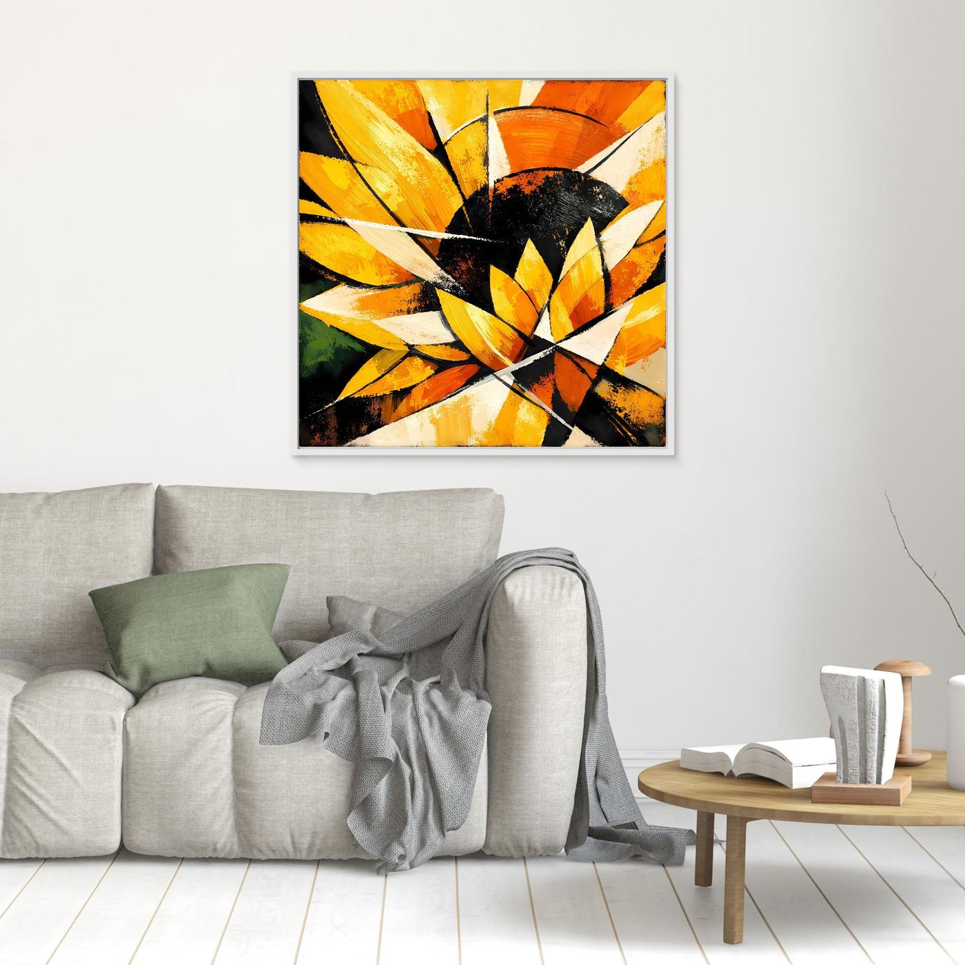 Leinwandbild abstrakte Sonnenblume mit gelb-orangenen Blüten und schwarzem Zentrum, weiß gerahmt