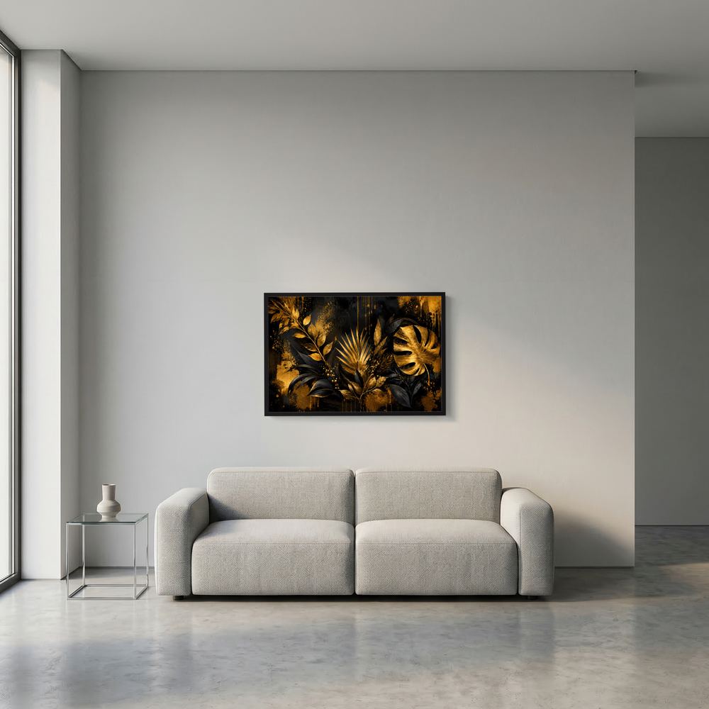 Kleines botanisches Wandbild mit goldenen Monstera-Blättern, schwarzer Rahmen