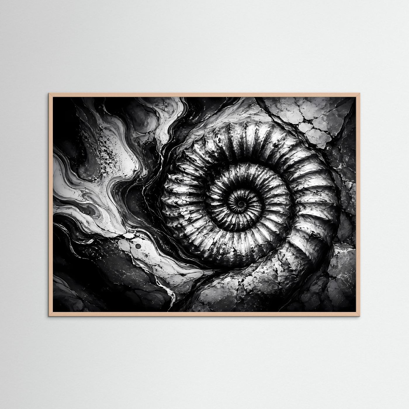 Ammonit Fossil Schwarz Weiß Poster | Geologische Wandkunst | Makro Fossilien Kunst | Monochrome Natur Fotokunst | Moderne Leinwand
