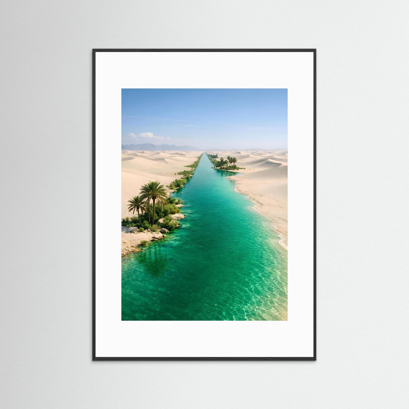 Oasenposter Hochformat, smaragdgrüner Fluss, schwarz gerahmt mit weißem Rand