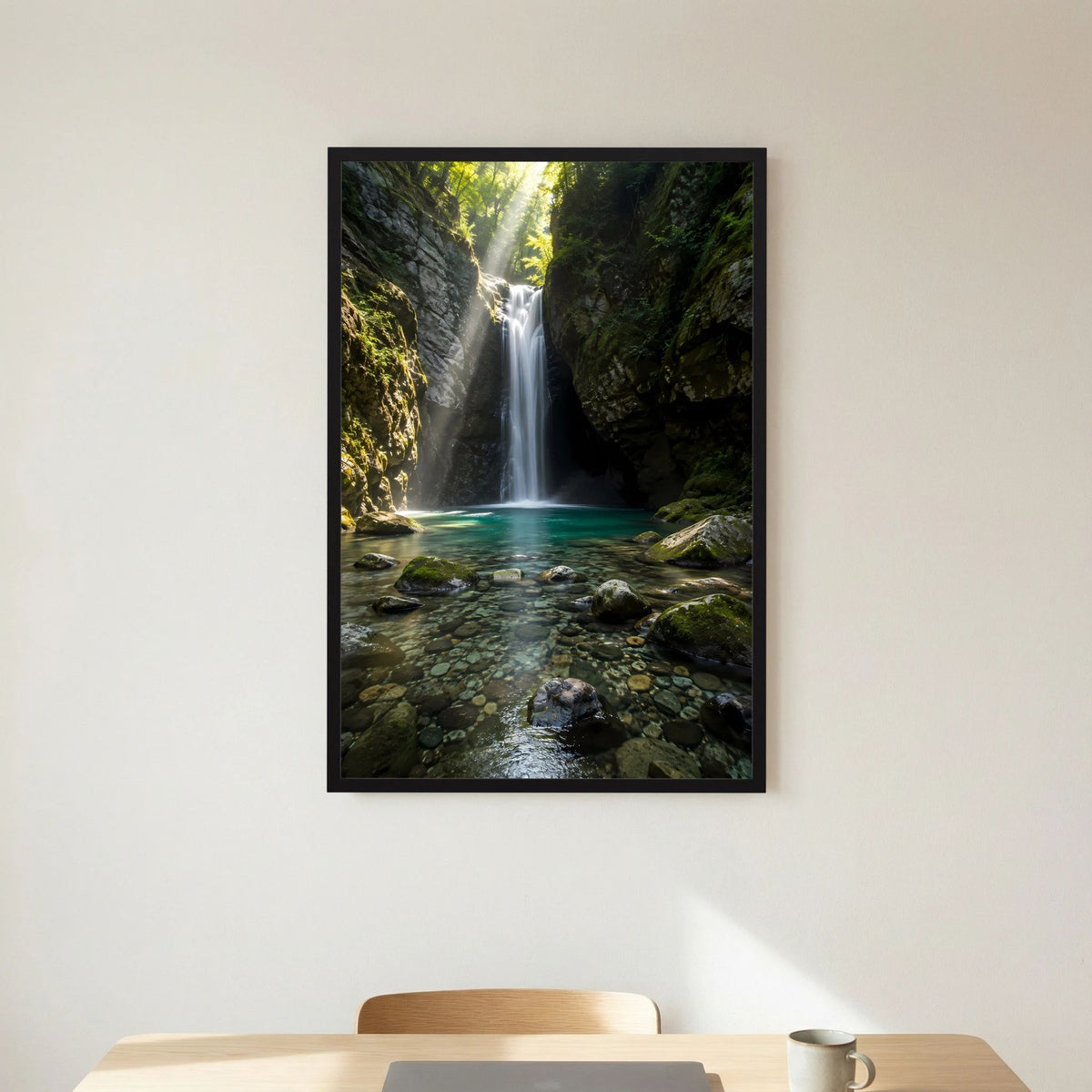 Hochformat-Poster mit schwarzem Rahmen: Wasserfall zwischen Felswänden und grünem Wasser