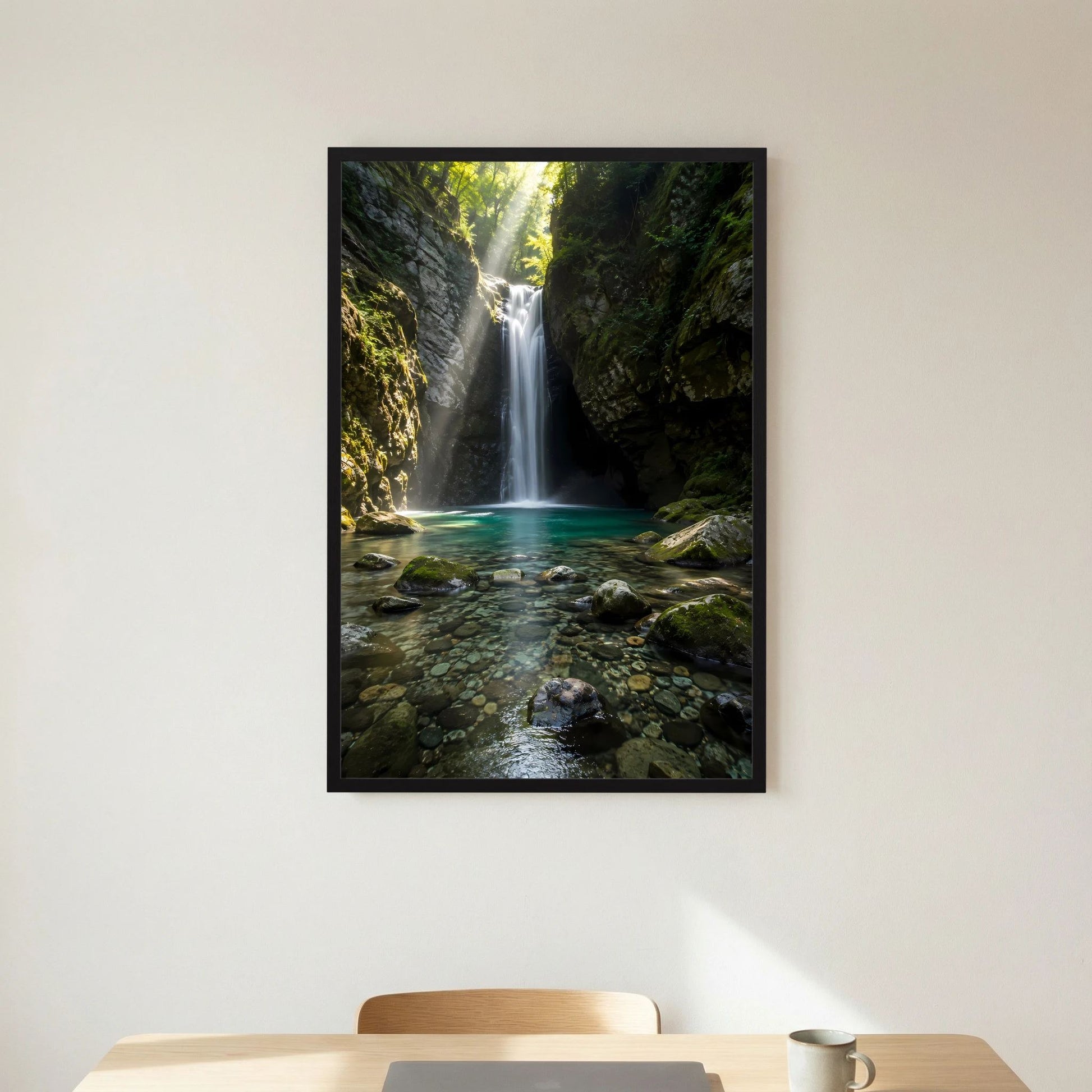 Hochformat-Poster mit schwarzem Rahmen: Wasserfall zwischen Felswänden und grünem Wasser