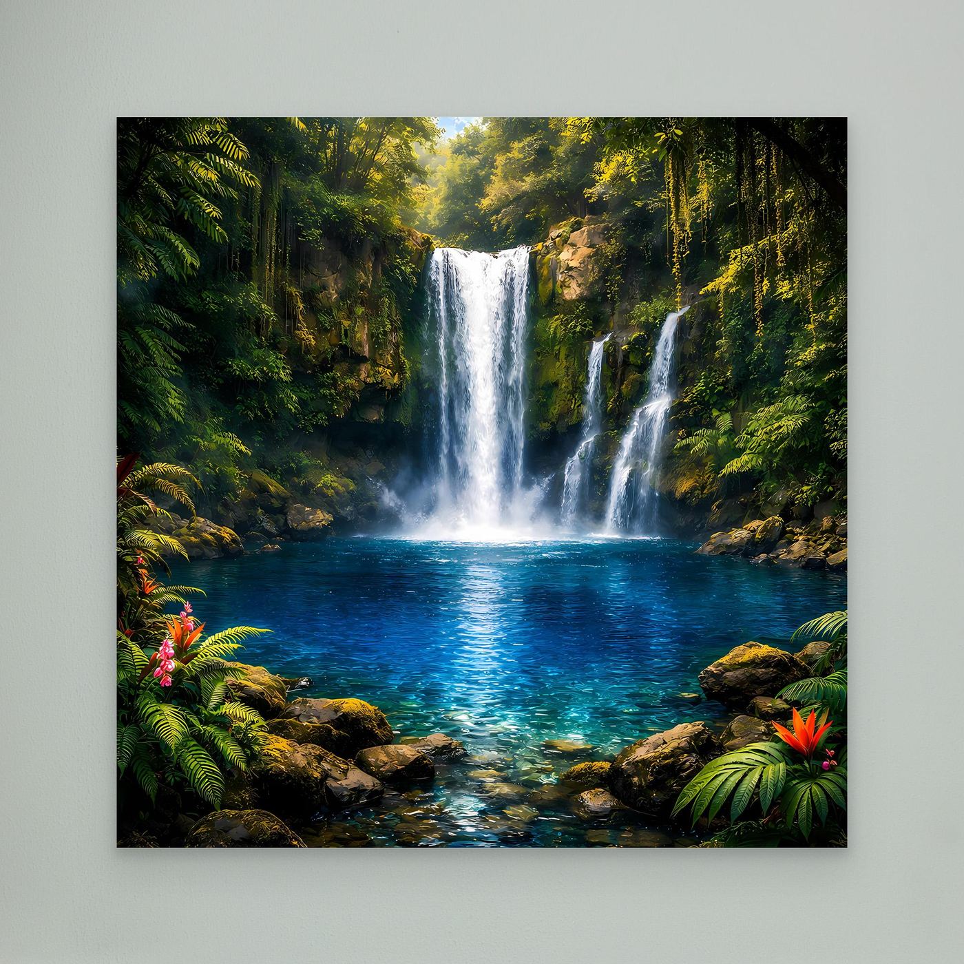 Leinwandbild mit tropischem Wasserfall und türkisfarbenem Becken, ohne Rahmen